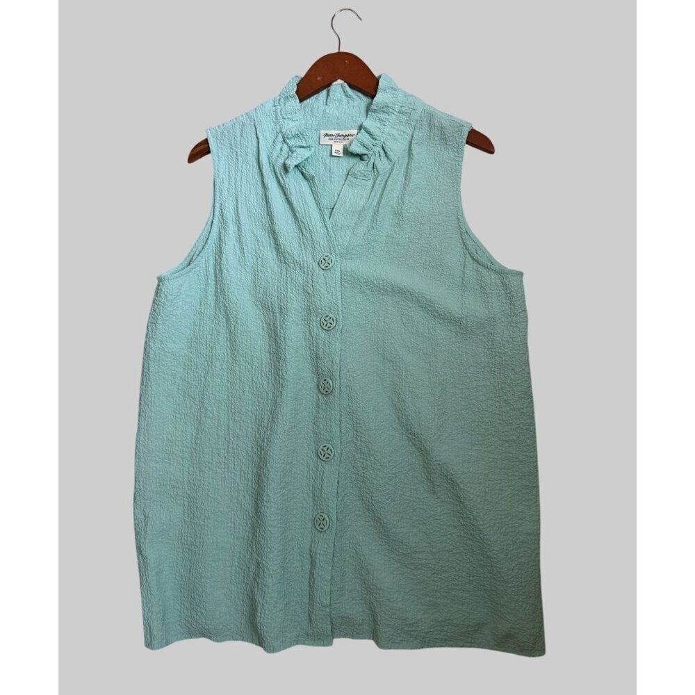 Norm Thompson Womens PXL Aqua Sleeveless Blouse W/ Ruffle Collar & Button Front